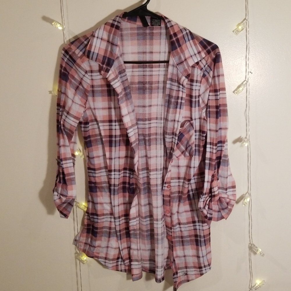 Pink, white, navy, checkered flannel